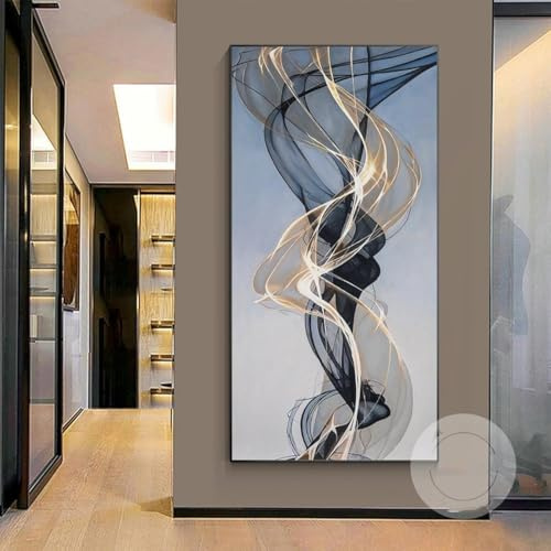 Cuadro abstracto de cinta dorada y negra sobre lienzo,arte de pared dorado de lujo extragrande vertical,cuadros para sala de estar,decoración de pared,40 x 80 cm (12 x 31 pulgadas) con marco negro