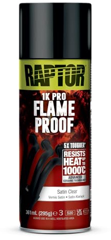 RAPTOR Flameproof | Feuerfest | hitzebeständig bis 1000°C | Thermo-Lack-Spray | Schutz für Auspuff, Motor & Auspuffkrümmer vor Rost | schnell trockenend (satin clear/seidenmatt Klarlack - 361ml)