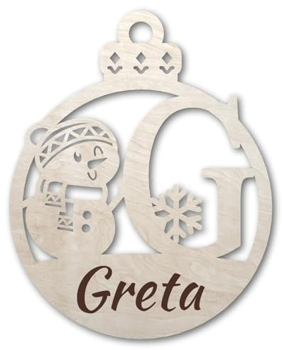 Urhome Weihnachtskugel personalisiert mit Wunschtext Gravur Buchstabe G mit Schneeman Motiv Hell Braun - Ornament Christbaumschmuck Weihnachtsdeko Weihnachtsbaum Anhänger aus 6,5mm Holz