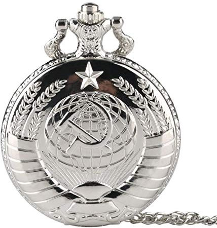 HUIBBGO Reloj de Bolsillo de Cuarzo Estilo Hoz y Martillo con Insignias soviéticas Vintage para Hombre y Mujer, Colgante Plateado con Emblema de Rusia, Regalo de Comunismo