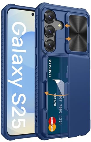 Vihibii for Samsung Galaxy S25 Case with Card Holder (4 Cards), Blue | [RFID Blocking] & Slide Camera Cover & Raised Edge Protect Screen, Shockproof Rugged Phone Case for Samsung Galaxy S25 6.2