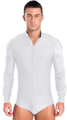 MSemis Herren Tanzbody Langarm Hemd Einfarbig Latein Body Einteiliger Ballettanzug Gymnastik Leotard Tanzkleidung Weiß XXL