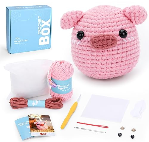 CrochetBox Komplettes Häkelset für Anfänger, Schwein Häkelset, Video-Tutorial einbeziehen, Anleitung, Weiches Garn