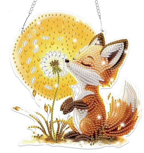 Lxmsja Adornos colgantes de diamantes de zorro con cadena para adultos y niños, kits de colgante de pintura de diamantes de otoño con forma especial, kits de arte de gemas colgantes de cristal para