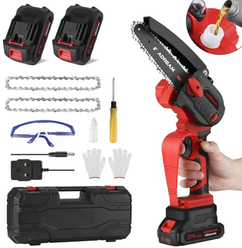 Mini Cordless Chainsaw, 6 Inch Handheld Electric Power Chainsaw with 2 Batteries, Portable Battery Powered Chain Saw with Safety Lock for Tree Trimming Wood Cutting