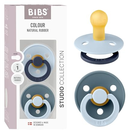 BIBS Colour Studio Soother 2-Pack, BPA Free Dummy Pacifier, Round Nipple. Natural Rubber Latex, Made in Denmark, Size 1 (0-6 Months) - Baby Blue/Petrol