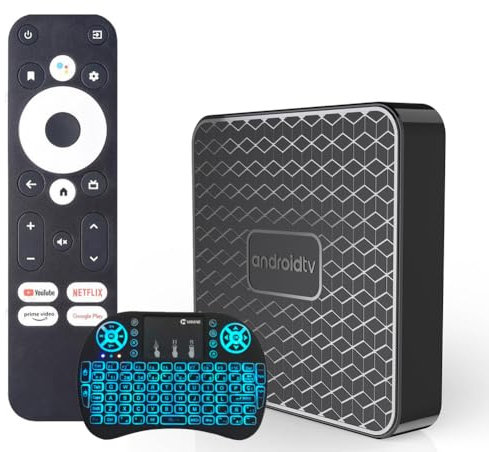 CHROX Android TV Box 14.0, CPU RK3518 Quad-Core 64Bit, 1000M LAN, Dual-WiFi 2.4G/5G, 4K/AV1/3D/USB 3.0/BT 4.2, Set Top Box, con Mini Tastiera Retroilluminata