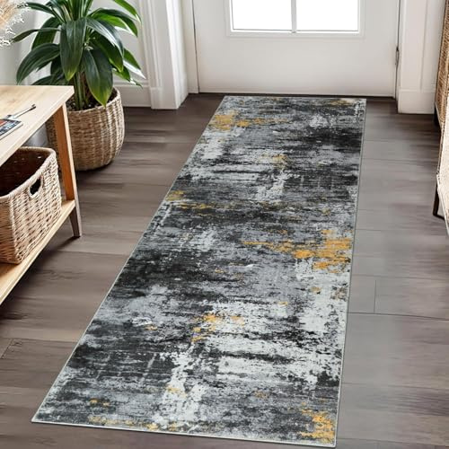 Cekene Abstrakter Teppich Läufer 80x200cm Schwarz Läufer Flur Waschbarer Flur Teppich rutschfest Küchenläufer Lang Weich Teppichläufer für Eingang Badezimmer Waschküche