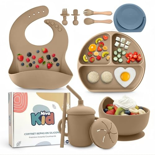 vajilla bebe silicona, Ideal como regalo bebe, Set comida bebe con plato ventosa cubiertos Infantiles ergonómicos y vaso, Kit vajilla 1 año sin BPA, Seguro, bonito y fácil de limpiar (Beige)
