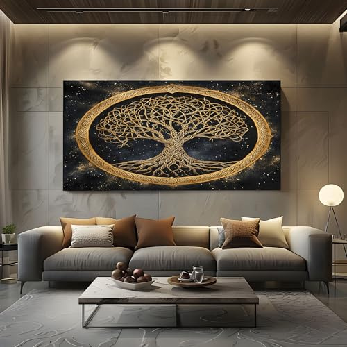 Quadri Moderni Soggiorno Albero della vita celtico Tela Grandi Dimensioni Oro Mitico Stampe da Parete per Camera da Letto Cielo notturno vintage Decorazioni per la Casa con Cornice 50x100 cm