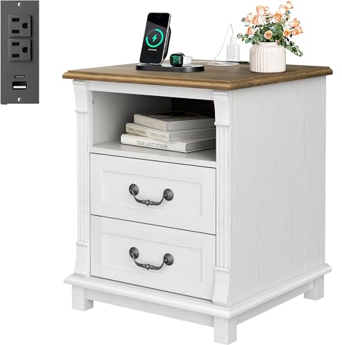 Amada Farmhouse Nightstand with Charging Station, 2 Drawers Wood Side Table Roman Column Style, Vintage Bedside Table for Bedroom with Open Shelf (Oak and White, 1Pack)