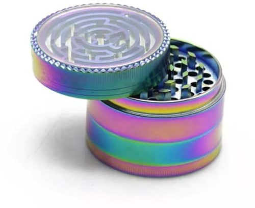 52mm Rainbow Maze 4 Part Metal Grinder – Magnetic Lid Diamond Teeth Herb & Spice Crusher with Pollen Catcher – Zinc Alloy Grinder