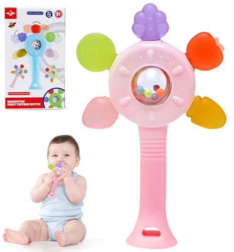 TonStyle Teething Toys for Baby, Baby Toys 0-6 Months, Food Quality Babys Rattle, Montessori Sensory Teething Teether Toy to Prevent Finger Sucking, Soft Chewable Teether Babies Toy (Pink)
