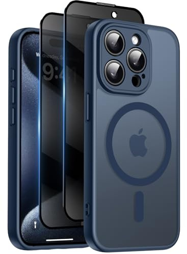 Qasyfanc Coque Magnétique pour iPhone 15 Pro avec 2 Verre Trempé Anti-Espion, Compatible avec MagSafe, Étui Mat Translucide Arrière Housse Antichoc Anti-Rayures, Bleu