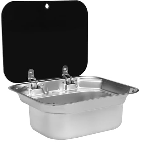 Owneed Lavello da campeggio in acciaio inox 304, con coperchio in vetro, compatto in nero e argento, set completo per camper, roulotte e campeggio
