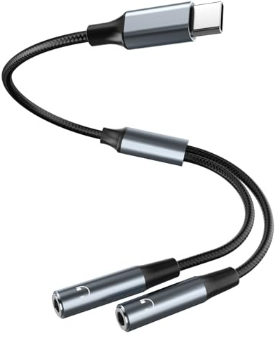 USB C till 3,5 mm ljudadapter, 2-i-1 hörlursutdelare, Apple MFi-certifierad hörlursdelare, kompatibel med iPhone 17/16/15 Pro Max Plus, Samsung S22/S21, MacBook Pro/Air, iPad Pro