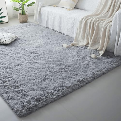 DYINDUN Flauschiger Hochflor Teppich 70 x 70 cm Flauschige Teppiche Schlafzimmer Pflegeleicht Und Einfarbig Fürs Flur,Küche, Wohnzimmer, Schlafzimmer, Hellgrau