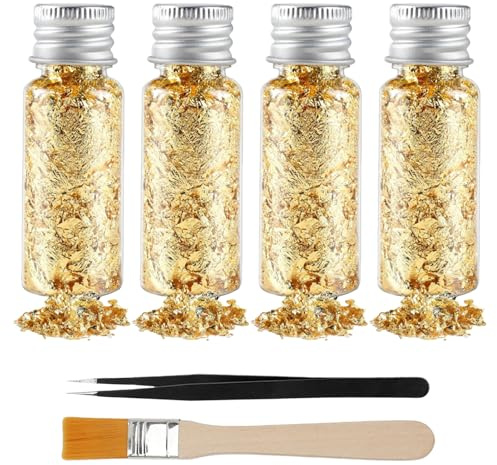 4 Flaschen Blattgoldblätter, Blattgold Flocken Mit Pinzette & Pinsel, Goldfolie Flocken Für Dekorfolienpapier Projekte, Kunsthandwerk, DIY, Basteln, Schmuck, Möbel, Kerzen Und Dekoration