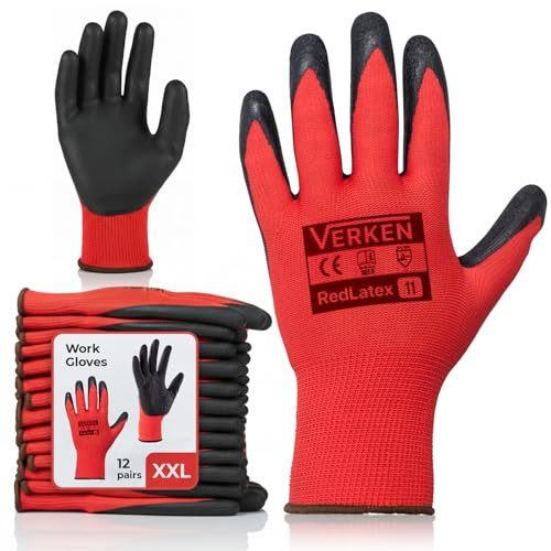 GUARDIS Guantes de trabajo XXL tamaño 11 – 12 pares de guantes de trabajo recubiertos de látex rojo y negro – Guantes resistentes para manualidades, construcción y taller