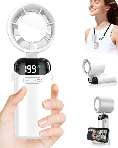 DDKJ Ventilador de Mano Turbo,Aire de Alta Velocidad, 5 Velocidades + 199 Ajustes Continuos, Batería Hasta 10 Horas,Pantalla LED, Portatil para Viajes, Oficina, Deportes y Exteriores-Blanco
