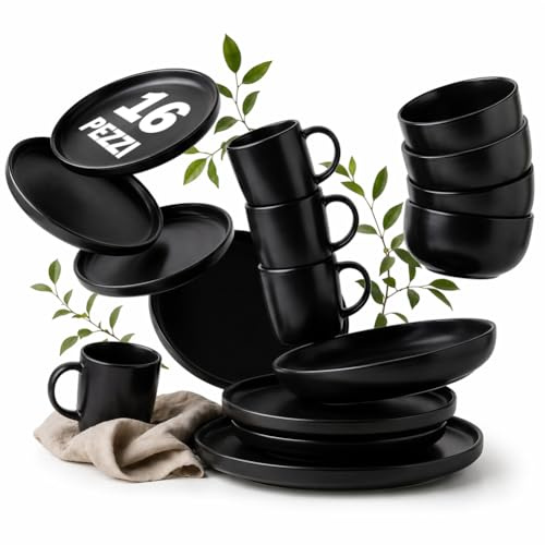 BAKAJI Servizio Piatti in Terracotta da 16 Pezzi per 4 Persone, Design Moderno in Gres Smaltato, Tazze, Piatti Fondi, Piani, Dessert, Resistenti ai Graffi, Lavabili in Lavastoviglie (Nero)
