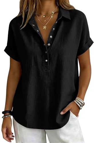 2026 Camisa Mujer de Lino Manga Corta Cuello en V Botones Camiseta Blusa Polo Ligero Verano Moda Casual Color Sólido Cómoda Suelto Oficina Tops Elegante Fiesta Basic tee Transpirable