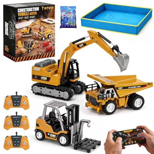 YESHIN Set di veicoli da cantiere radiocomandati 3 in 1, scala 1:64, carrello elevatore radiocomandato, escavatore e camion ribaltabile con sabbiera e sabbia da gioco, telecomando a 2,4 GHz