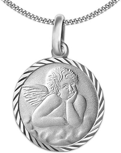 CLEVER SCHMUCK Set silver berlock ängel matt Ø 14 mm med kant diamantierad glänsande, baksida tom och kedja pansar 42 cm sterlingsilver 925 för barn, ungdomar eller kvinnor