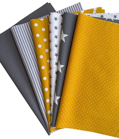 babrause® Stoffpaket Patchwork Baumwollstoffe 12 x (25x35cm) gelb grau weiß - Stoffe - Punkte, Sterne, Rauten, Pünktchen, Sterne