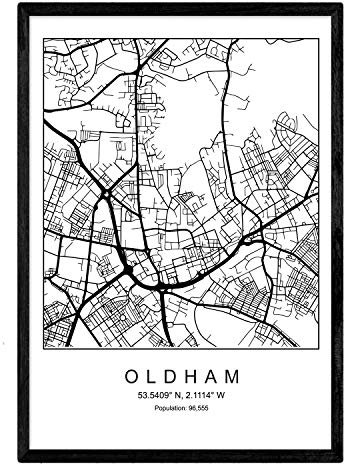 Nacnisk karta över staden Oldham Nordic Style i svart och vitt. Affisch A3 Storleksramtryckt papper 250 gr. Bilder, lakan och affischer för salong och sovrum