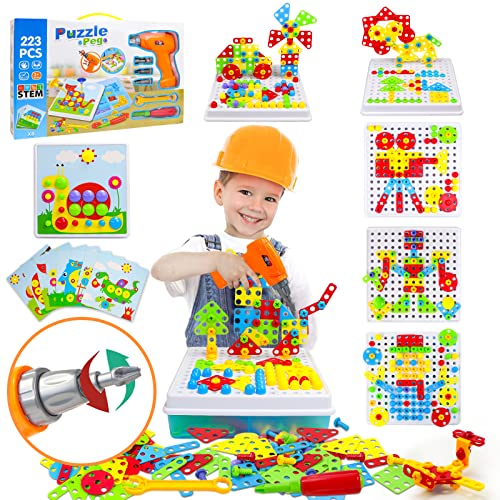 Spielzeug ab 3 Jahre Steckspiel ab 4 Jahre mit Bohrmaschine Akkuschrauber Kinder Lernspiele Kreativ Spielzeug 3D Puzzle Werkzeugkoffer Kinder Spiele ab 3 4 5 6 Jahre für Jungen Mädchen (223 Stücke)