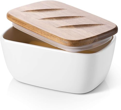 DOWAN 6.5 Large Butter Dish - Ceramic Butter Dish with Lid for Countertop - White Butter Keeper Holds Up to 3 Sticks - Butter Holder and Container with High-Quality Silicone Sealing