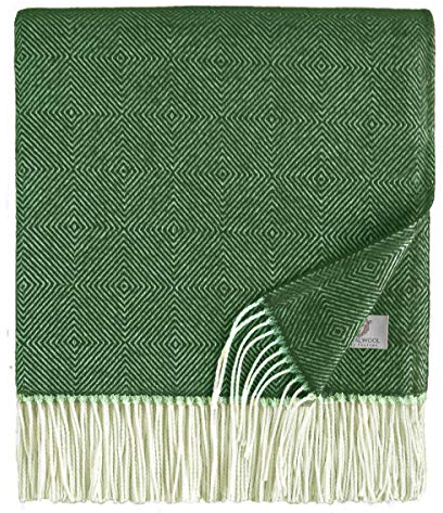 LINEN & COTTON Plaid di Lusso Classico e Senza Tempo, Coperta Morbida Leggera con Frange Diamond - 100% Lana Merinos Superfine, Verde (140 x 200 cm) Per Camera da Letto Salotto Copridivano Singolo