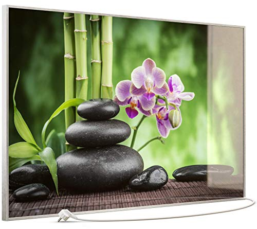 STEINFELD Heizsysteme® Elektroheizung Glas Bild Infrarotheizung mit TS11 WiFi Thermostat | Made in Germany | Motive 055 Zen Basaltsteinen (900 Watt, silber/Alu)