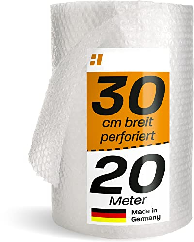 Hinrichs Luftpolsterfolie Rolle 20m x 30cm perforiert - Ideal für Versand, Verpackung und Umzug - 100% recyclingfähig - Bubble Wrap als Verpackungsmaterial - Noppenfolie - Polstermaterial