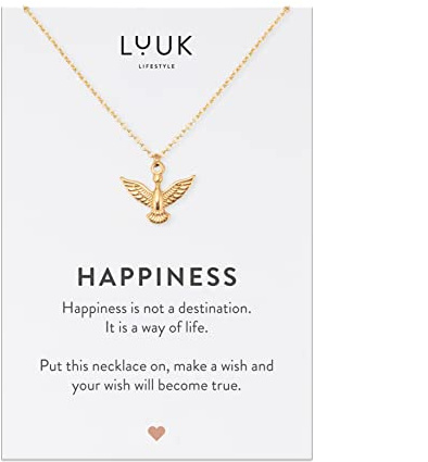 LUUK LIFESTYLE Dorado Collar de con Colgante ave fenix o águila y tarjeta HAPPINESS, Acero inoxidable, Regalos para Mujer, Niñas, Hija, Ella, Navidad, Cadena de la amistad (50 cm ca.)
