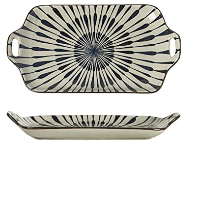 Assiettes Plates Plaques de dîner en céramique vintage chinois Grand double oreille poignée de poisson plaque peinte à la main Plaque de dessert à micro-ondes Lave-vaisselle Assiette ( Color : D )