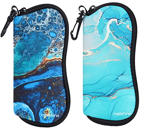 molshine 2-teiliges Weiches Sonnenbrillenetui,Neopren-Brillenbeutel mit Reißverschluss,Tragbare Brillentasche mit Haken für Damen und Herren(Blau & Cyan)