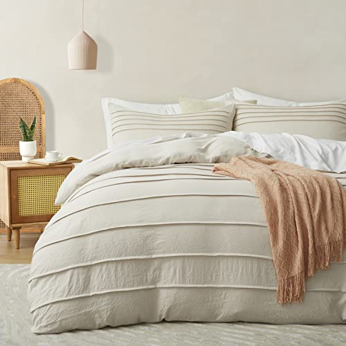 Oli Anderson Beige Duvet Cover King Size - Pleated King Duvet Cover, 3PCS Soft and Breathable Textured Bedding Set with Zipper Closure(Beige,104x90)