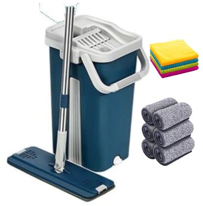 SWISSPACK Superior Sturdy And Strong Floor Mop and Bucket Set − Easy and Simple Squeeze Bucket, Flat Mop with 12-Pack!!!! Machine Washable Microfibre Mop Pads All Floors Types (Blue) FL5
