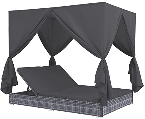 Tidyard Outdoor-Lounge-Bett mit Vorhängen Poly Rattan Sonneninsel mit Sonnendach Garten Sofa Gartenliege | Lounge Liege Set Gartenmöbel Terrassen Strandkorb Grau