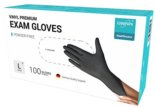 EUROPAPA® 100 Guanti In Vinile Usa E Getta, Guanti Monouso Senza Lattice, In Vinile, Taglie S, M, L & XL (Nero Premium, L)
