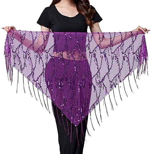 Wuchieal Women's Belly Dance Sequin Triangle Hip Scarf Sequins Mesh Triangle Wrap Skirts Purple