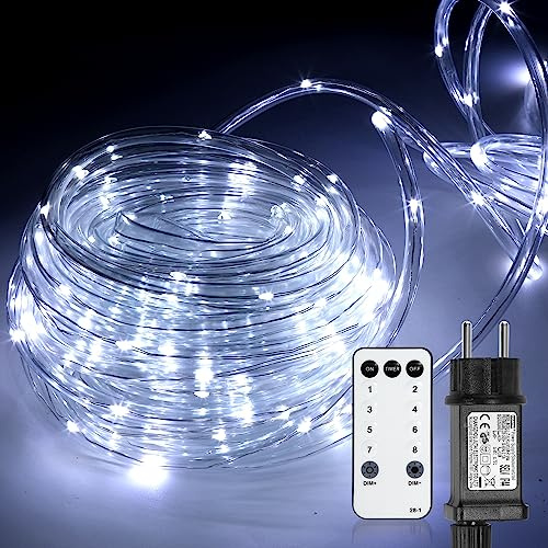 Cecaylie Lichterschlauch 20 m 200 LEDs Kaltweiß mit Fernbedienung und Timer | PVC-Schlauch Ø7mm, IP65, 360°. 4 Helligkeiten, Memory. Timer 6/18h. Für Garten, Balkon, Party. Inkl. Controller.