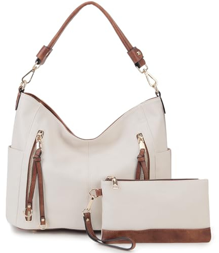 Chase Chic Handtasche Damen, Leder umhängetasche Shopper Hobo Taschen Geldbörse set Gross Schultertasche mit Abnehmbar Schulterriemen 2pcs Weiß und Braun
