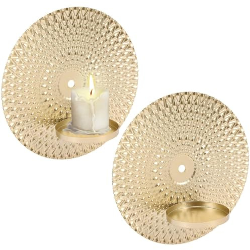 AMOYER 2pcs Chandeurs Support de Bougie en métal Rond de Mur Vintage Bougeoir des Appliques murales dorées pour Le Salon de Chambre à Coucher décoration intérieure