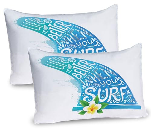 ABAKUHAUS Strand Saying Kissenbezug Packung mit 2, Das Leben ist Besser, wenn Sie Surf Text und Aquarell Ocean Wave mit Bali-Blume, Dekorativer Standard Gedruckter Kissenbezug, 80 x 40 cm, Mehrfarbig