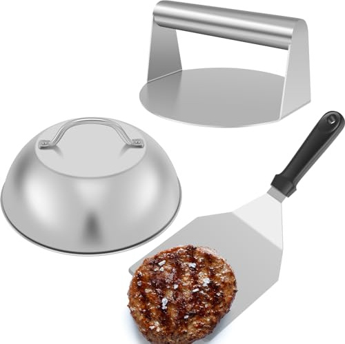 3Pcs Smash Burger Kit with Lid Griddle Spatula 5.5 Inch Stainless Steel Burger Press 8.9 Inch Basting Cover Grill Spatula Non-Stick Burger Press Kit for Flat Top Griddle Cooking
