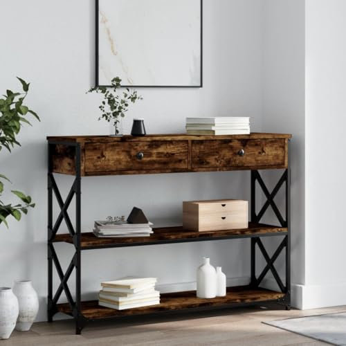 FENLAX Konsolentisch mit Schublade 100x28x75 cm Flurtisch mit Schublade Sideboard Konsolentisch mit Ablagen Beistelltisch Telefontisch Couchtisch Holzwerkstoff&Metall Räuchereiche