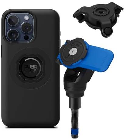 Quad Lock Motorcycle Handlebar Clamp Bolt Phone Mount Kit with Vibration Dampener and iPhone 15 Pro Max MAG Case